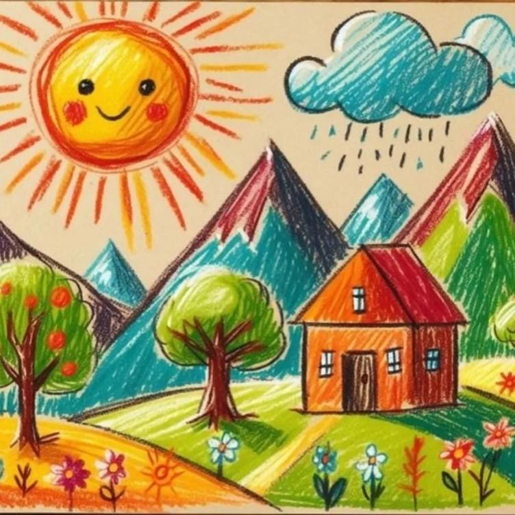 نقاشی سرزمین افتابی با مداد شمعی — نقاشی و رنگ آمیزی باهوشک