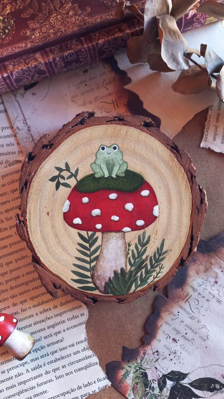 نقاشی قارچ و قورباغه روی چوب