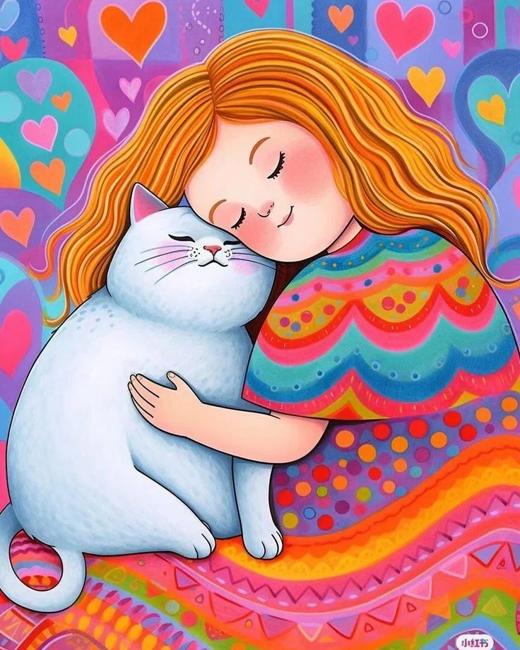 ایده نقاشی دخترو گربه — نقاشی و رنگ آمیزی باهوشک